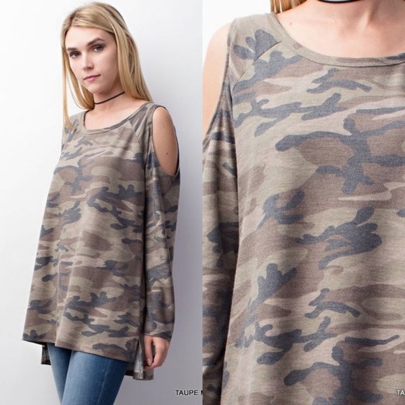 SALE LAST TWO SMALL- Army Print Cold Shoulder T… - Picture 2 of 4